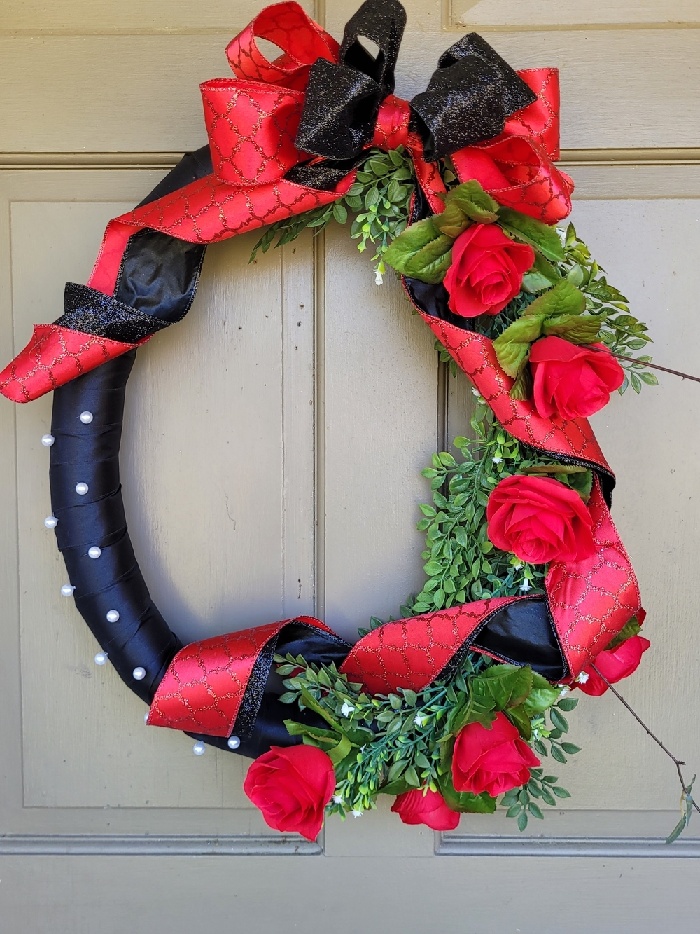 Decorative Red Rose and Black Ribbon Wreath - Elegant Door Accent New